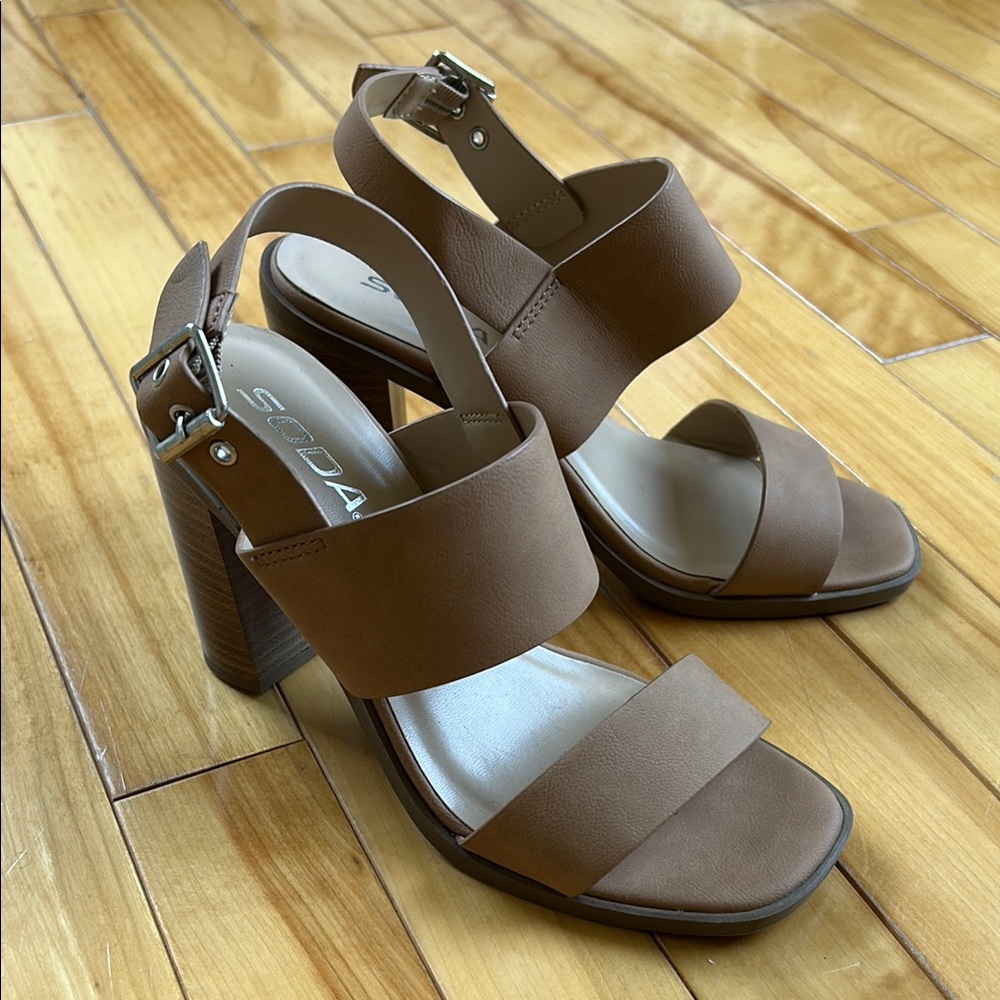 Soda Women's Tan Strap Minimalist Block Heels, Size 6